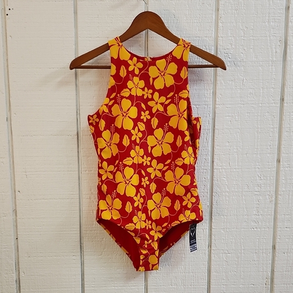 LIU LOVE Hawaii Hibiscus Red Yellow Floral One Piece Swimsuit Beach Medium - Picture 1 of 8